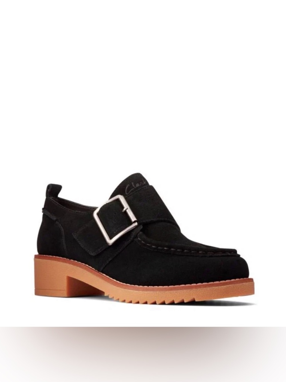 Clarks Eden Mid Monk Black Suede Buckle Loafers Lug Sole Platform Shoes Womens 9